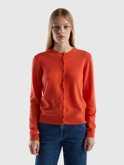 Benetton Crew Neck Pure Merino Wol Cardigan Dames Koraal | BE570968