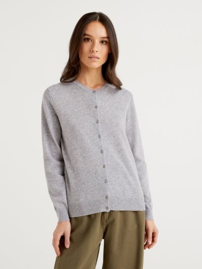 Benetton Crew Neck Pure Merino Wol Cardigan Dames Lichtgrijs | BE646970