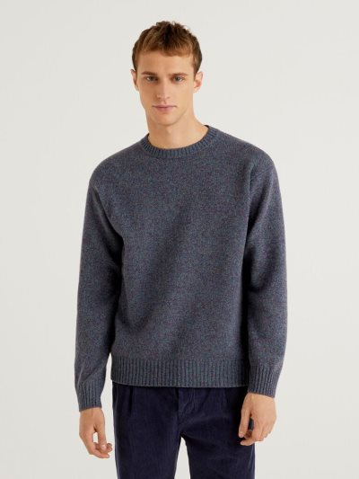 Benetton Crew Neck Pure Shetland Wol Truien Heren Blauw | BE796890