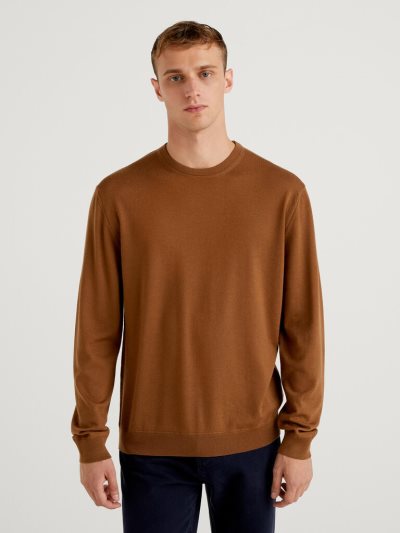 Benetton Crew Neck Pure Virgin Wol Truien Heren Bruin | BE037434