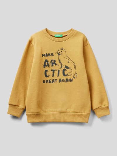 Benetton Crew Neck Warm Print Sweatshirt Kinderen Mosterdgeel | BE539143