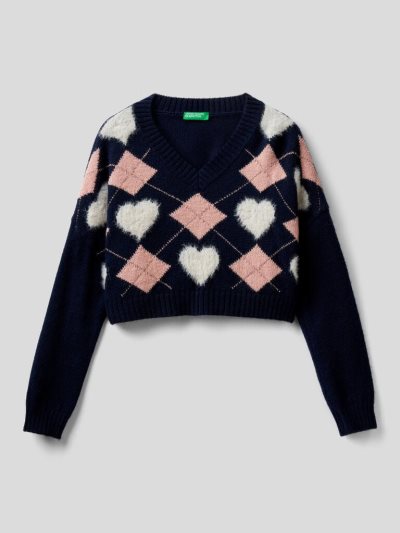 Benetton Cropped Check Hearts Truien Kinderen Donkerblauw | BE414478