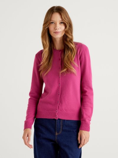 Benetton Cyclamen Crew Neck Pure Merino Wol Cardigan Dames Cyclamen | BE593323