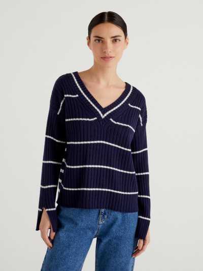 Benetton Double Fit V-neck Sweaters Dames Donkerblauw | BE749543