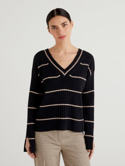 Benetton Double Fit V-neck Sweaters Dames Zwart | BE981630