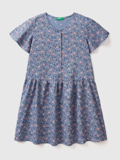 Benetton Floral Sustainable Viscose Jurken Kinderen Blauw | BE098380