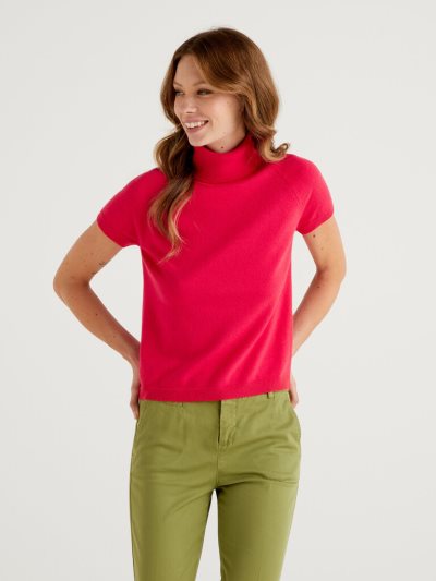 Benetton Fuchsia Kort Sleeve Turtleneck High Neck Sweaters Dames Fuchsie | BE626191