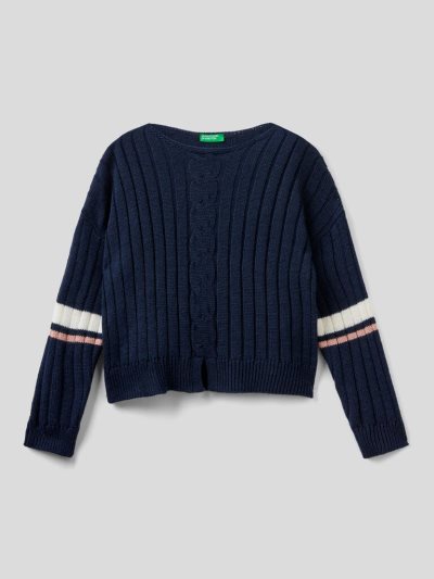 Benetton Geribbeld Wol Blend Truien Kinderen Donkerblauw | BE469729