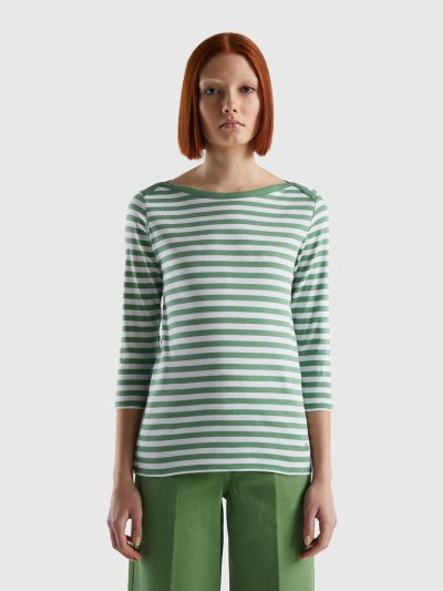 Benetton Gestreept 3/4 Sleeve 100% Katoenen T-shirts Dames Groen | BE896754