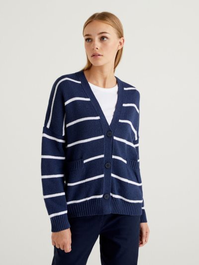 Benetton Gestreept Buttons Cardigan Dames Donkerblauw | BE626422