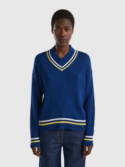 Benetton Gestreept Edges V-neck Sweaters Dames Blauw | BE227590