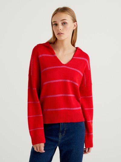 Benetton Gestreept Polo V-neck Sweaters Dames Rood | BE577508