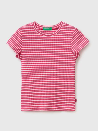 Benetton Gestreept Stretch Katoenen Short Sleeve T-shirts Kinderen Fuchsie | BE427015