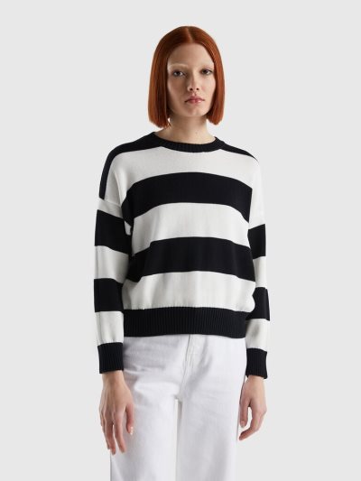 Benetton Gestreept Tricot Katoenen Crew Neck Sweaters Dames Zwart | BE192248