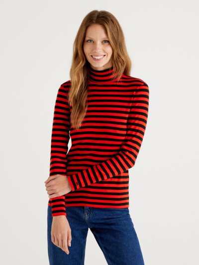 Benetton Gestreept Turtleneck Long Sleeve T-shirts Dames Rood | BE750130