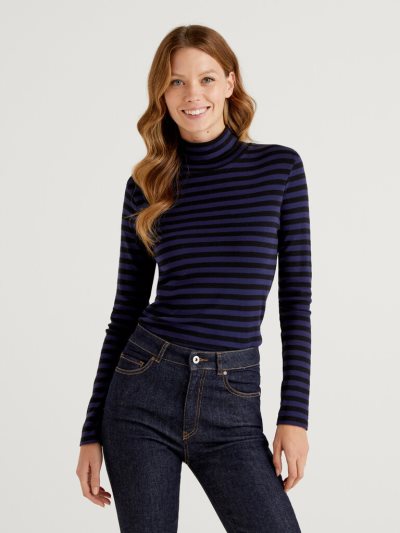 Benetton Gestreept Turtleneck Long Sleeve T-shirts Dames Blauw | BE954851