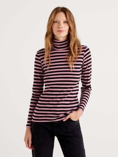 Benetton Gestreept Turtleneck Long Sleeve T-shirts Dames Roze | BE976273