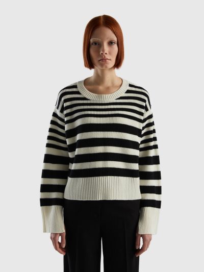 Benetton Gestreept Wol Blend Crew Neck Sweaters Dames Zwart | BE049252