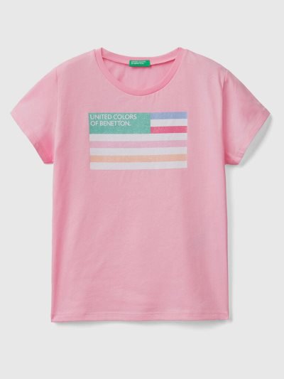 Benetton Glittery Logo Organic Katoenen Short Sleeve T-shirts Kinderen Roze | BE321749