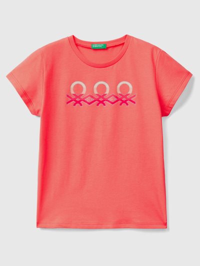 Benetton Glittery Logo Organic Katoenen Short Sleeve T-shirts Kinderen Oranje Koraal | BE665521