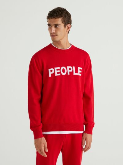 Benetton Inlaid Slogan Crew Neck Sweaters Heren Rood | BE696070