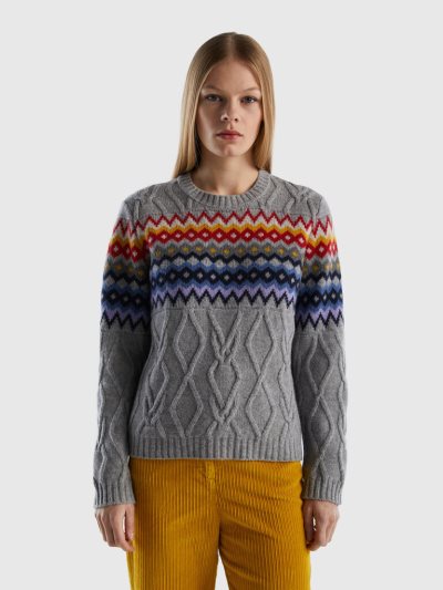 Benetton Jacquard Cables Crew Neck Sweaters Dames Grijs | BE599674