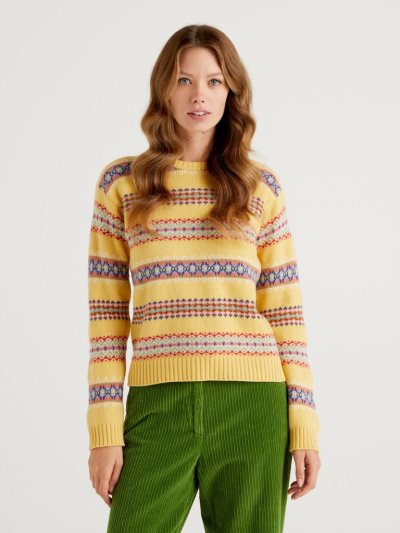 Benetton Jacquard Wol Blend Crew Neck Sweaters Dames Geel | BE271521