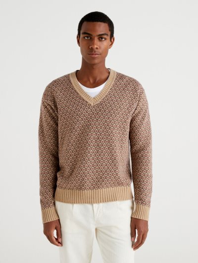 Benetton Jacquard Wol Blend V-neck Sweaters Heren Beige | BE239024