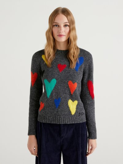 Benetton Jccxucb Hearts Crew Neck Sweaters Dames Donkergrijs | BE887123