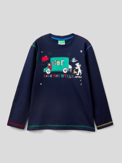 Benetton Jccxucb Print Long Sleeve T-shirts Kinderen Donkerblauw | BE256716