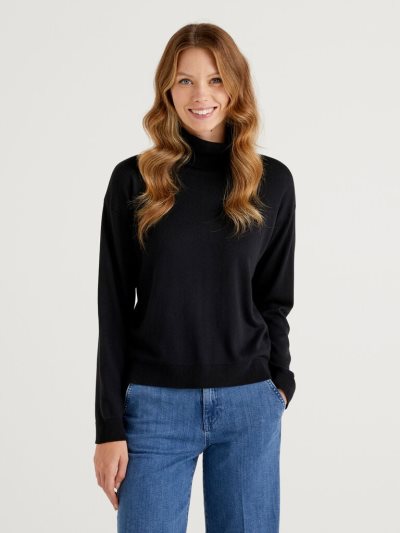 Benetton Katoenen And Modal® Turtleneck High Neck Sweaters Dames Zwart | BE955691