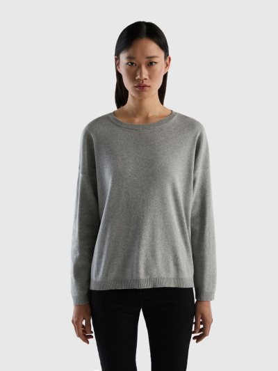 Benetton Katoenen Round Neck Truien Dames Lichtgrijs | BE847530