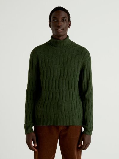 Benetton Knit Cashmere And Wol Blend High Neck Sweaters Heren Donkergroen | BE056679