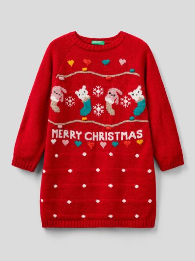 Benetton Knit Christmas Jurken Kinderen Rood | BE708652