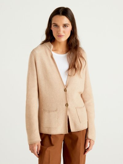 Benetton Knit Wol And Cashmere Blend Cardigan Dames Beige | BE693909