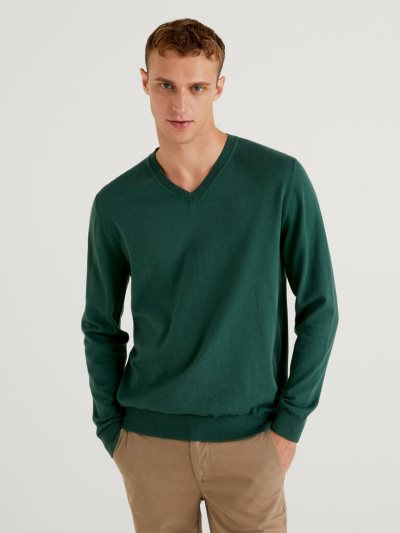 Benetton Lichtgewicht Katoenen Blend V-neck Truien Heren Donkergroen | BE352795