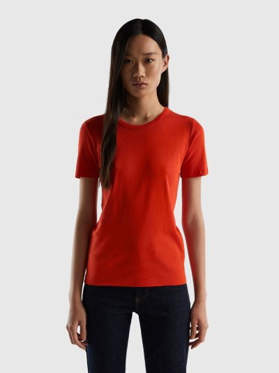 Benetton Long Fiber Katoenen Short Sleeve T-shirts Dames Rood | BE886112