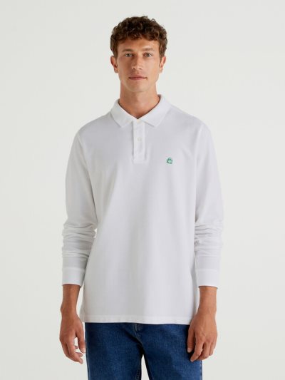 Benetton Long Sleeve 100% Katoenen Poloshirt Heren Wit | BE298297