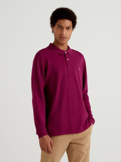 Benetton Long Sleeve 100% Katoenen Poloshirt Heren Plum | BE471122