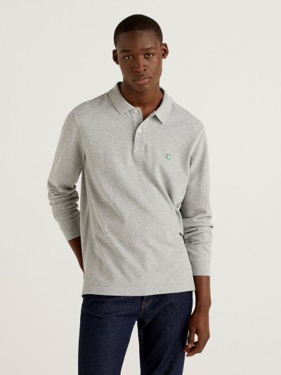 Benetton Long Sleeve 100% Katoenen Poloshirt Heren Grijs | BE560854