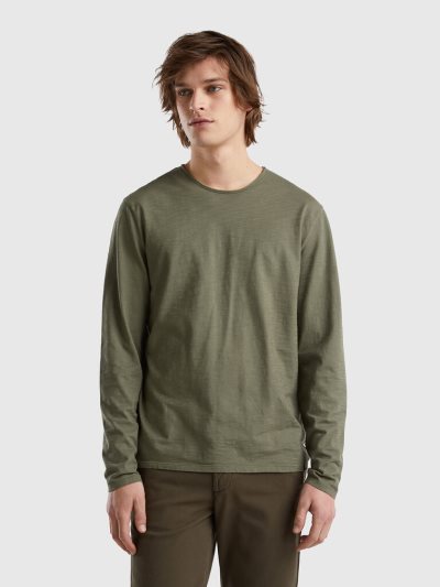 Benetton Long Sleeve 100% Katoenen T-shirts Heren Groen | BE285065