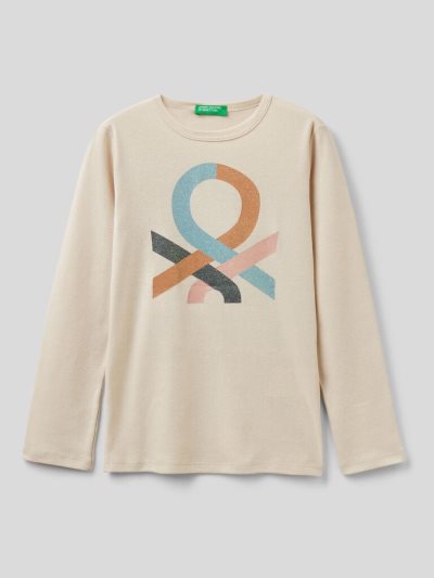 Benetton Long Sleeve Glitter Print T-shirts Kinderen Wit | BE109378