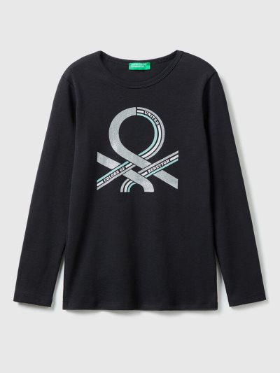 Benetton Long Sleeve Glitter Print T-shirts Kinderen Zwart | BE255719