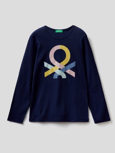 Benetton Long Sleeve Glitter Print T-shirts Kinderen Donkerblauw | BE577887