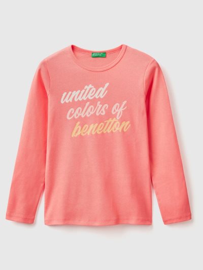 Benetton Long Sleeve Glitter Print T-shirts Kinderen Oranje Koraal | BE593475