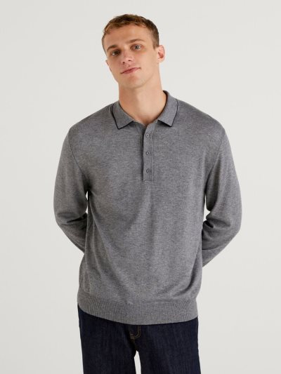 Benetton Long Sleeve Knit Poloshirt Heren Grijs | BE350688