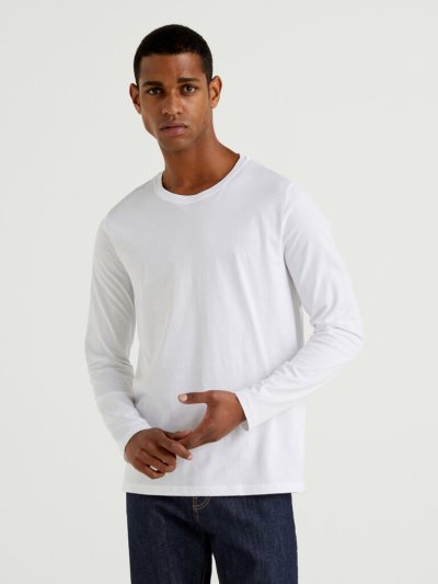 Benetton Long Sleeve Pure Katoenen T-shirts Heren Wit | BE202962