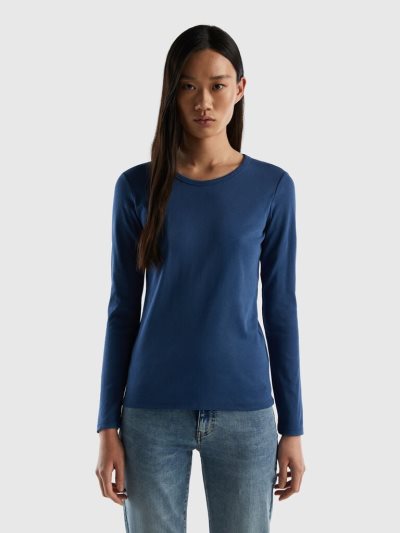 Benetton Long Sleeve Pure Katoenen T-shirts Dames Blauw | BE243321