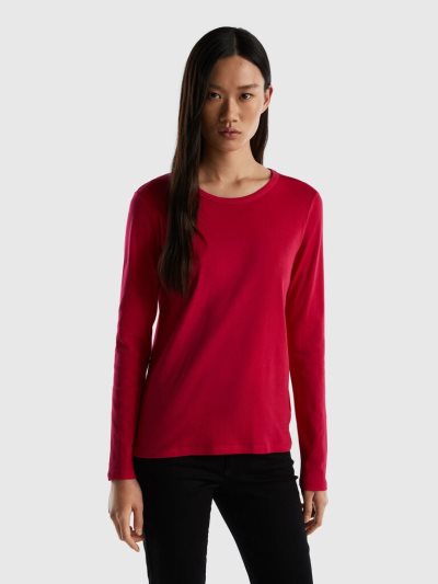 Benetton Long Sleeve Pure Katoenen T-shirts Dames Fuchsie | BE459787