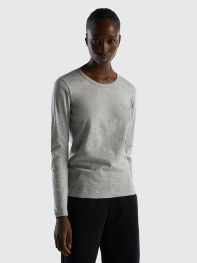 Benetton Long Sleeve Pure Katoenen T-shirts Dames Lichtgrijs | BE699842